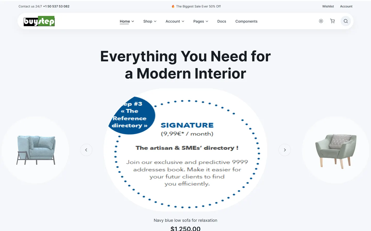 BuyStep screen on 25 August 2024: an off-the-shelf furniture e-commerce template, with a subscription bubble overlaid