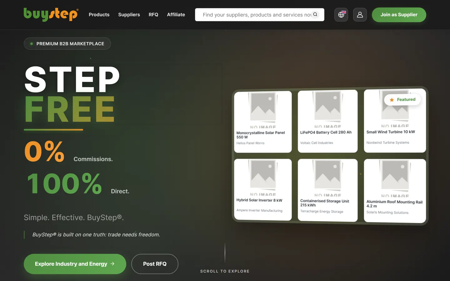 Intermediate version of the BuyStep home page: Step Free headline, zero commission, product grid without images