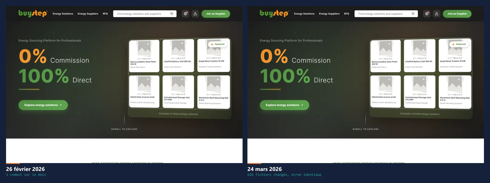 Two screenshots of the platform, 26 February and 24 March 2026, visually identical even though 626 files changed between them