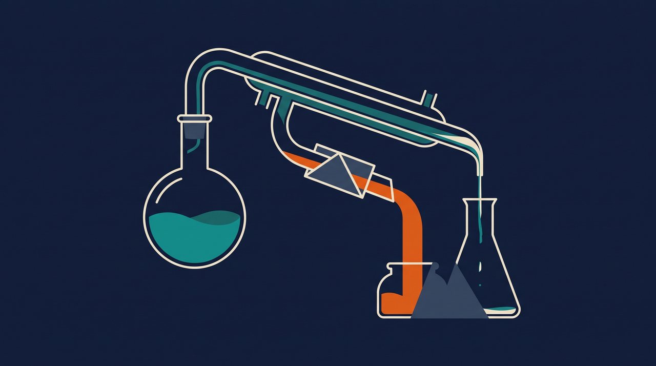 Montage de distillation dont un tuyau dérobé détourne le flux orange vers un récipient dissimulé au lieu du ballon attendu, illustration de requêtes silencieusement relayées vers un tiers