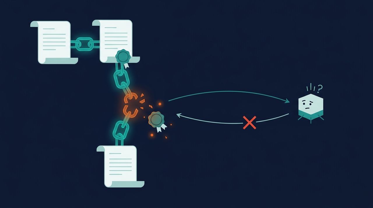 Chaîne de confiance DNSSEC dont un maillon cassé fait tomber le sceau, le résolveur reçoit une réponse refusée