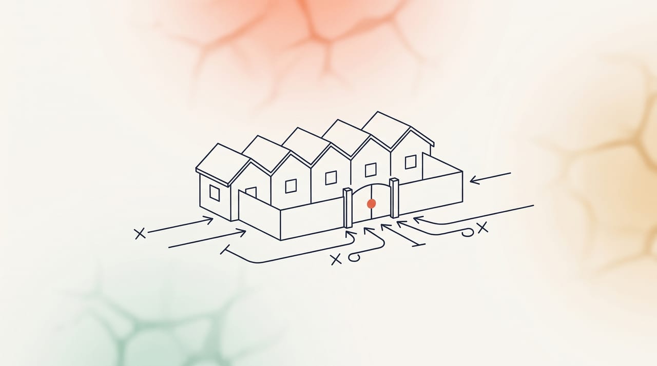 Dessin au trait fin : six petites maisons partagent une seule porte, contre laquelle s'arrêtent les flèches venues de l'extérieur, illustration du CGNAT qui bloque les ports entrants