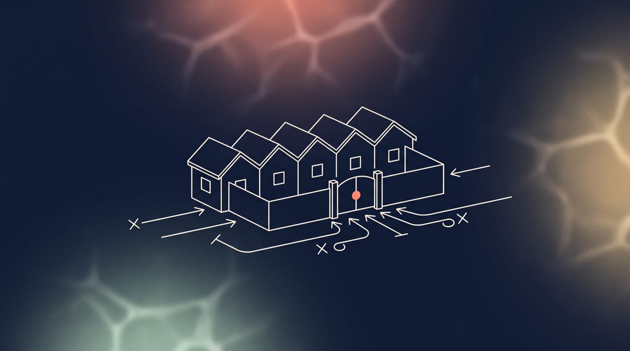 Dessin au trait fin : six petites maisons partagent une seule porte, contre laquelle s'arrêtent les flèches venues de l'extérieur, illustration du CGNAT qui bloque les ports entrants