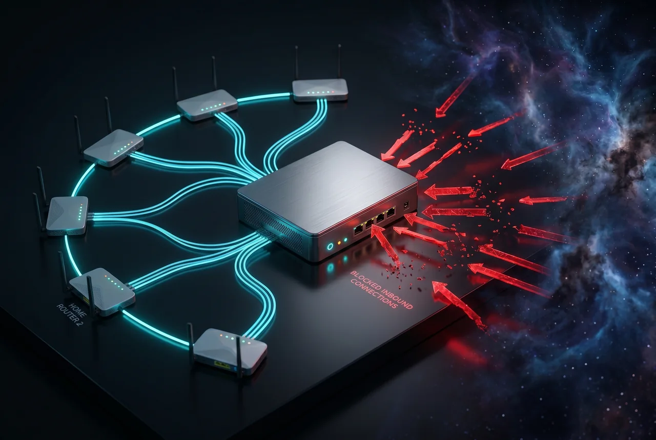 Diagram showing why CGNAT blocks port forwarding: several customers share the same public IP, and the ISP no longer routes incoming ports to subscribers