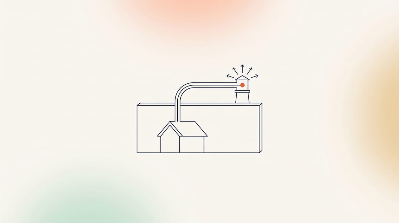 Dessin au trait fin : une maison derrière un mur sans ouverture, reliée par un tunnel à une petite tour de l'autre côté, illustration d'une passerelle VPS et WireGuard pour contourner le CGNAT