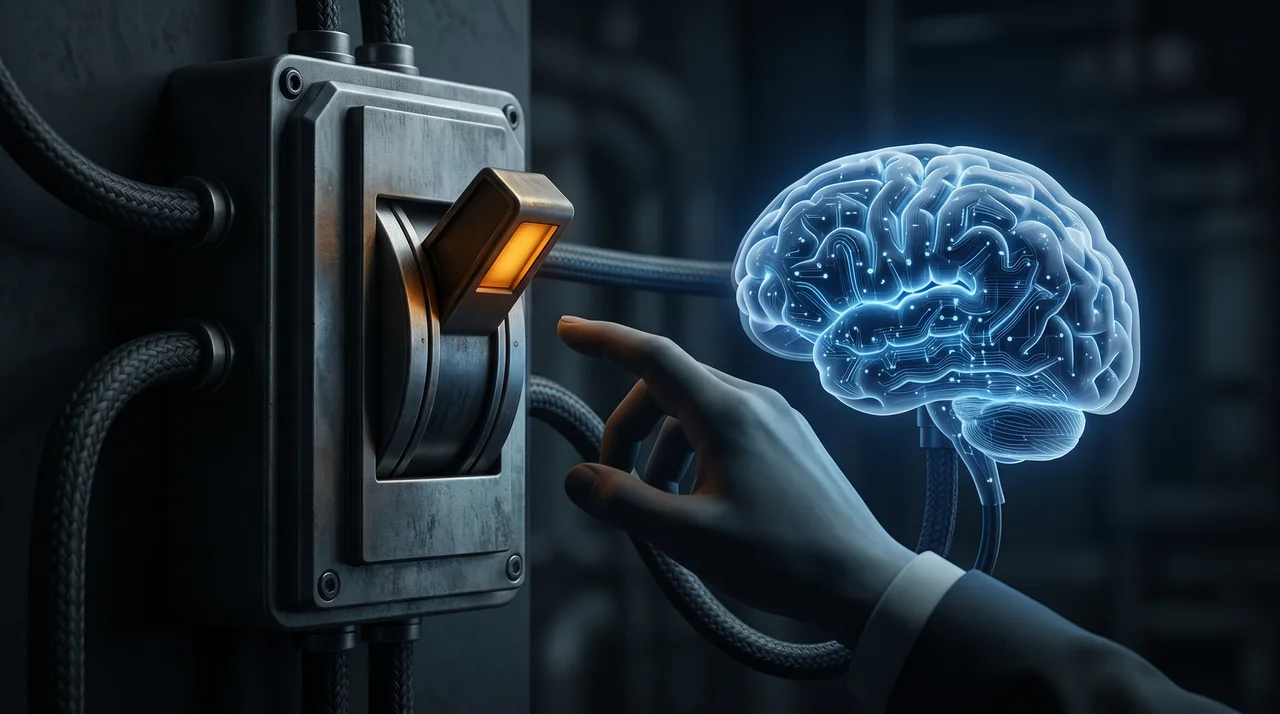 Interrupteur d'alimentation géant relié par des câbles à un cerveau numérique représentant un modèle d'IA, une main institutionnelle s'apprêtant à le basculer sur « off », métaphore de la coupure unilatérale d'un service d'IA hébergé à l'étranger