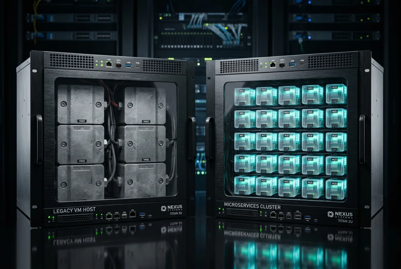 Comparaison de densité sur un même serveur Proxmox 32 Go : à gauche 6 VMs KVM, à droite 25 conteneurs LXC, illustrant l'écart d'empreinte mémoire