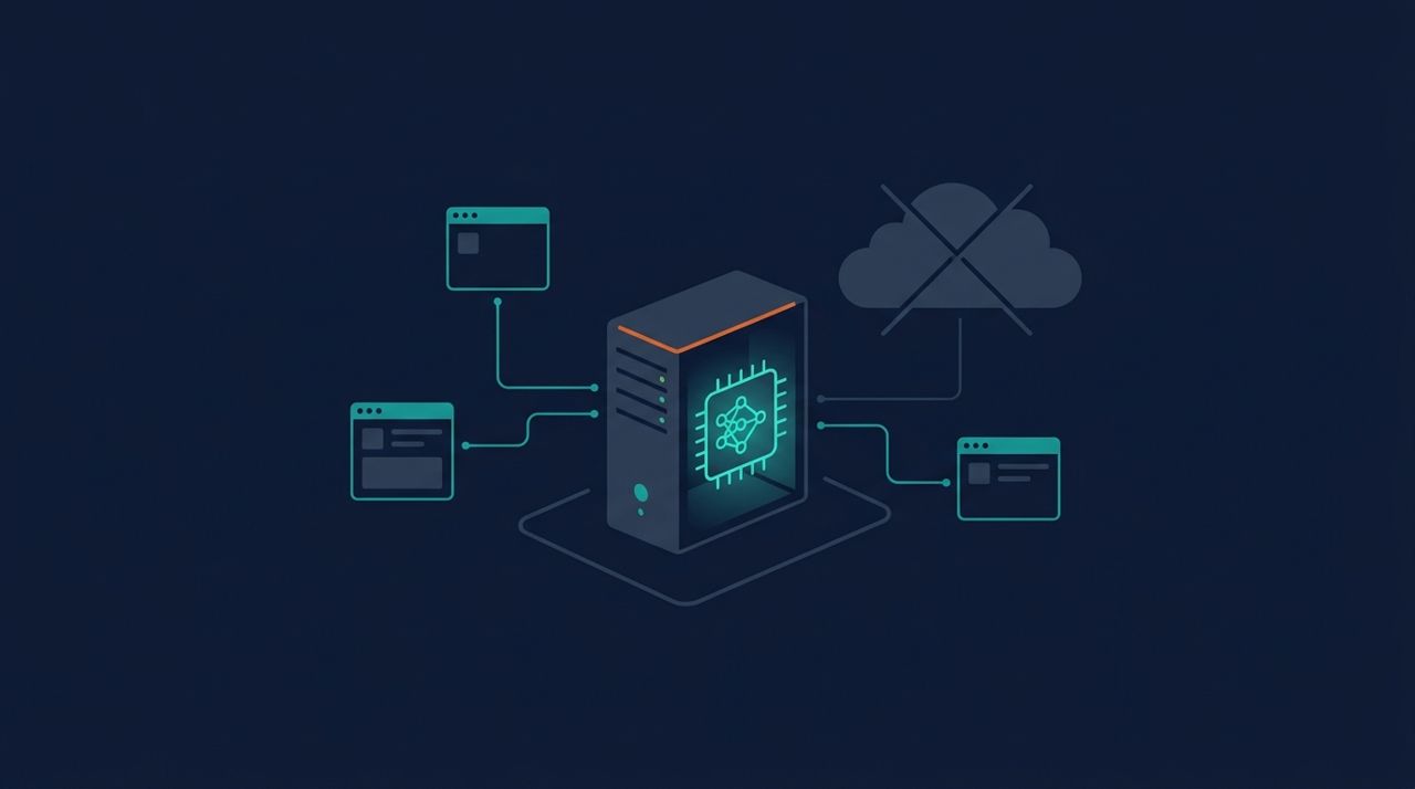 Serveur local abritant un modèle de langage, trois applications connectées, le cloud générique barré en arrière-plan