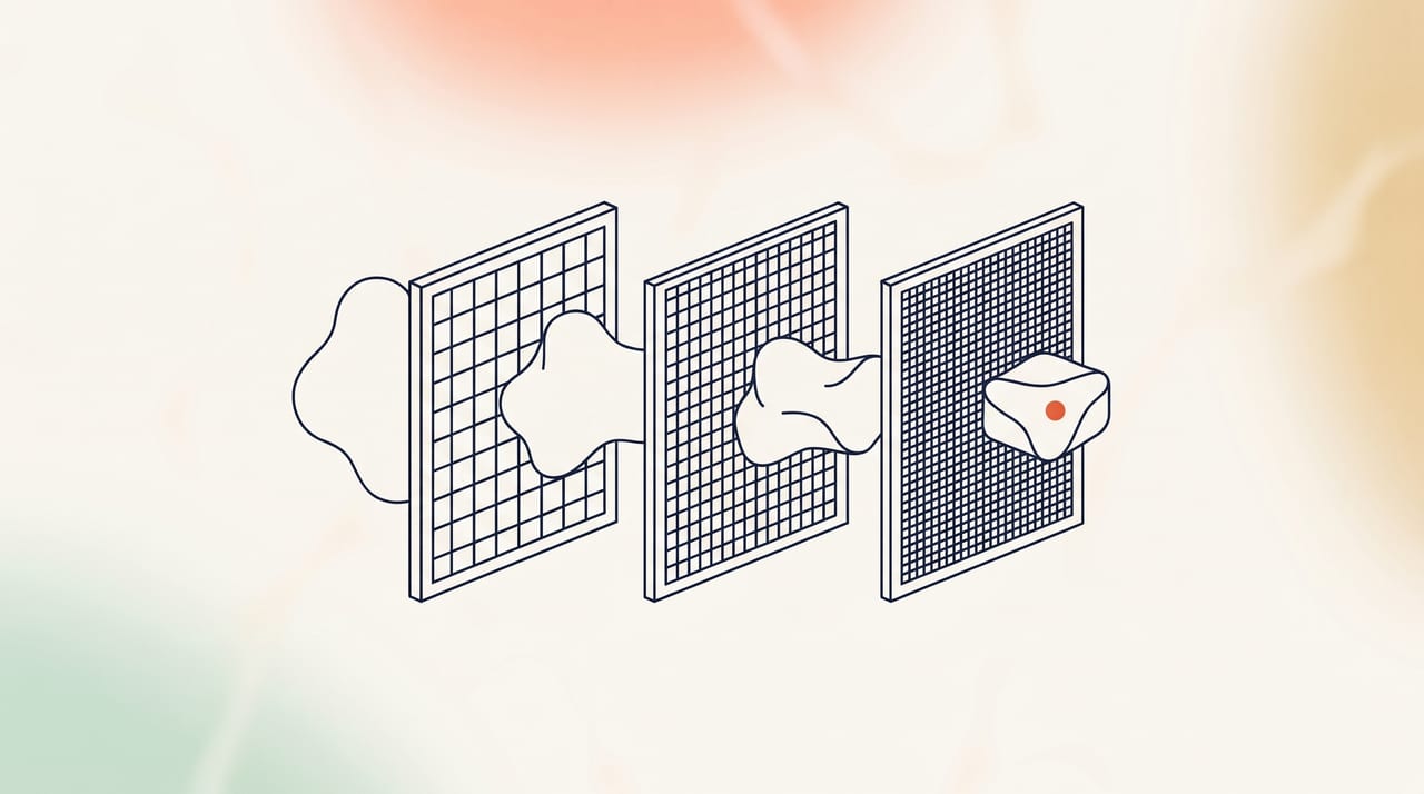 Dessin au trait fin : une forme traverse trois tamis successifs en changeant de contour à chaque passage, illustration d'un logiciel malveillant qui se réécrit pour échapper à la détection