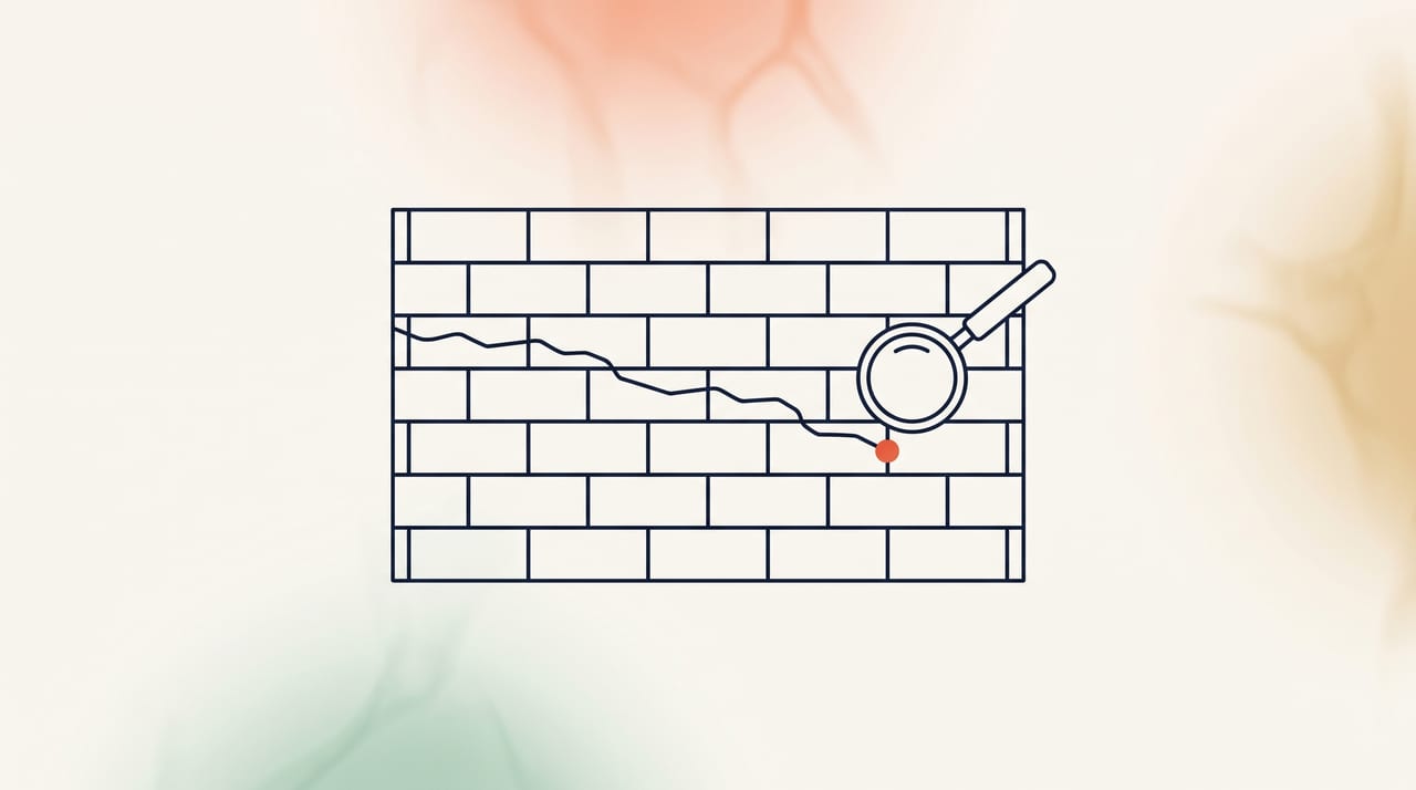 Dessin au trait fin : une longue fissure traverse un mur de briques et une loupe vient de se poser sur son extrémité, illustration de failles anciennes désormais trouvées par les modèles d'IA