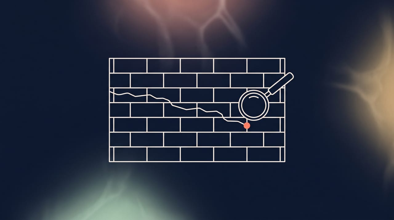 Dessin au trait fin : une longue fissure traverse un mur de briques et une loupe vient de se poser sur son extrémité, illustration de failles anciennes désormais trouvées par les modèles d'IA