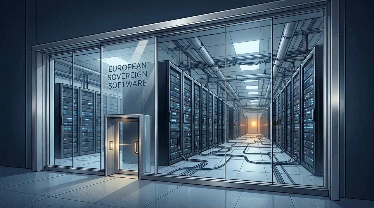 Vitrine élégante « logiciel souverain européen » laissant apparaître, derrière la vitre, un immense datacenter américain, métaphore d'une surcouche logicielle dépendante d'une infrastructure US