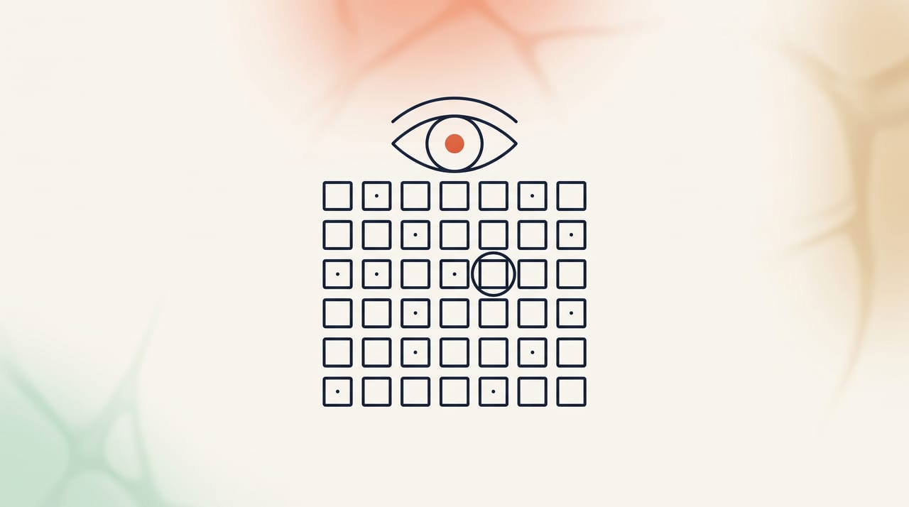 Dessin au trait fin : un œil observe une grille de trente-six petits serveurs dont quelques-uns attendent une mise à jour, l'un d'eux entouré, illustration d'un patching qui regarde avant de décider