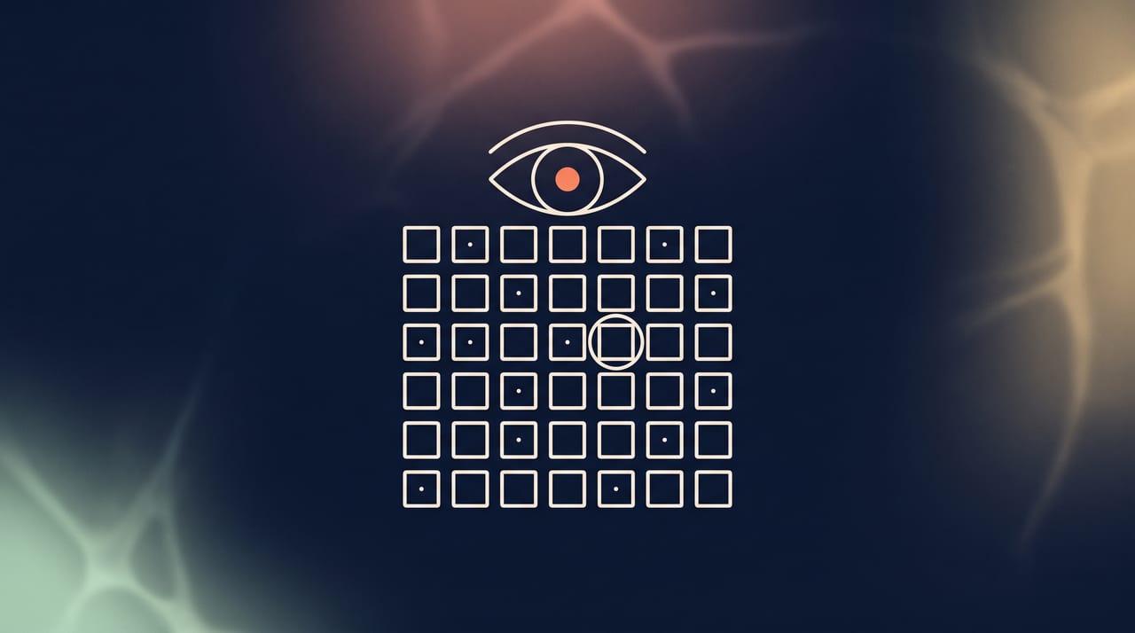 Dessin au trait fin : un œil observe une grille de trente-six petits serveurs dont quelques-uns attendent une mise à jour, l'un d'eux entouré, illustration d'un patching qui regarde avant de décider