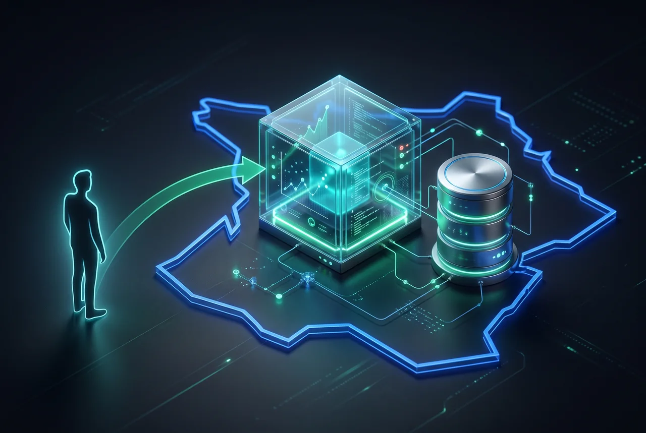 Schéma d'architecture Matomo self-hosted : visiteur du site, conteneur Docker Matomo sur stats.client.fr, base de données MariaDB isolée, traitement local sans transmission tiers