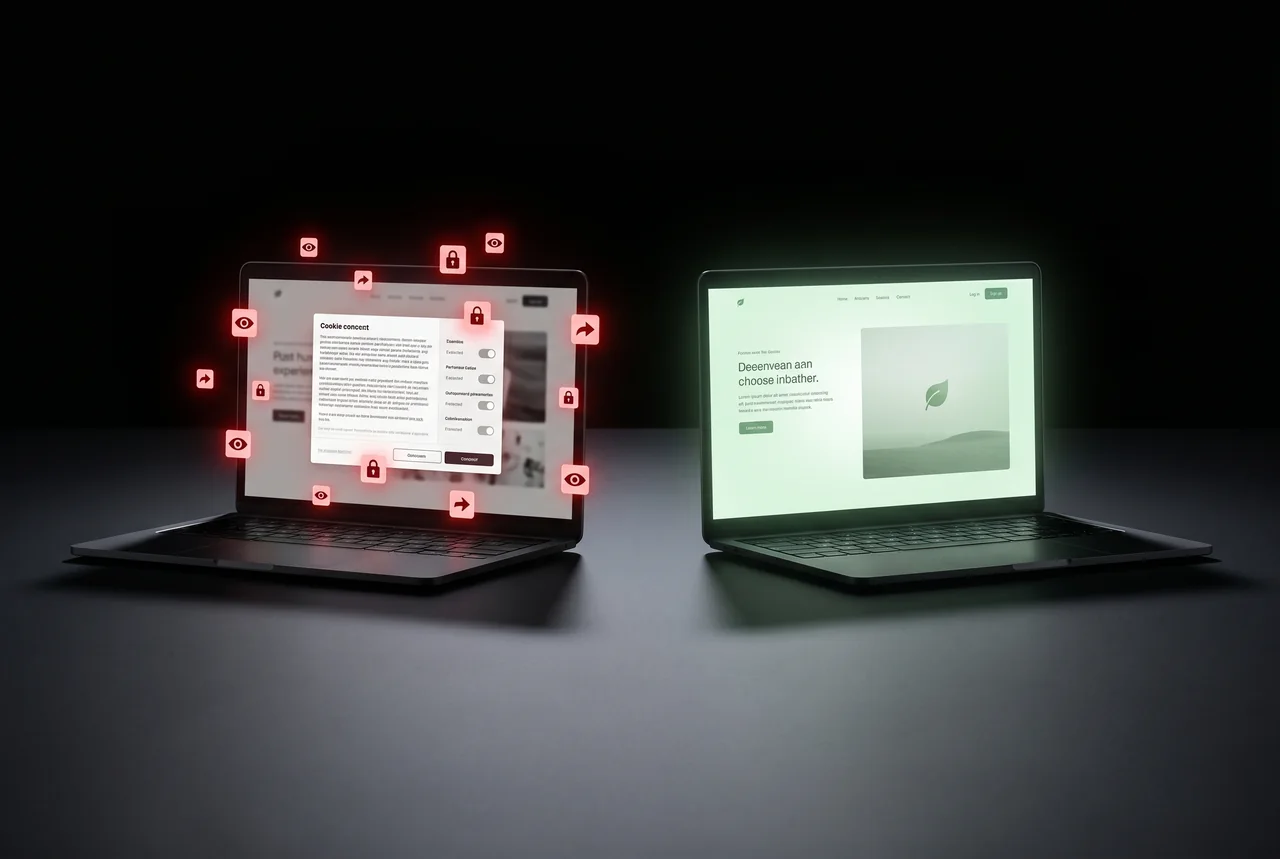 Comparaison côte à côte : à gauche un site avec pop-up cookies envahissant et nombreux traceurs visibles dans les requêtes réseau, à droite un site propre sans bandeau ni traceurs