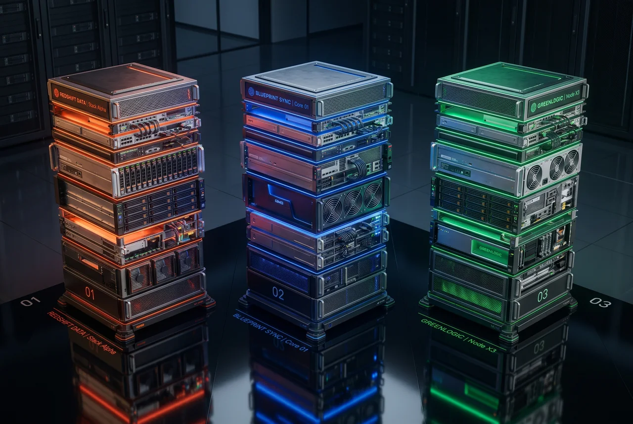 Trois piles d'architecture serveur côte à côte : Proxmox (KVM/LXC sur Debian), TrueNAS SCALE (ZFS-first sur Debian), Unraid (parité grand public sur Slackware en RAM)