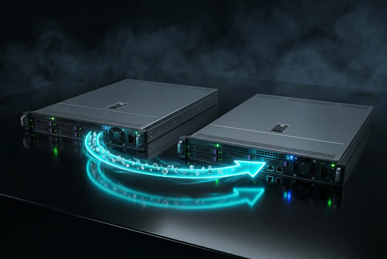 Schéma de réplication ZFS asynchrone entre deux nœuds Proxmox via zfs send/receive incrémentiel, avec flèches de transfert delta toutes les 15 minutes