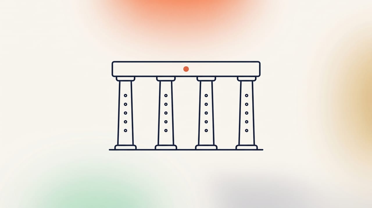 Dessin au trait fin : quatre piliers portant un linteau, chacun marqué de cinq points, illustration des vingt objectifs et quatre piliers du Référentiel Cyber France
