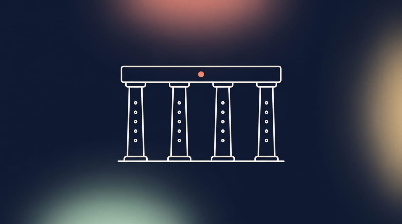 Dessin au trait fin : quatre piliers portant un linteau, chacun marqué de cinq points, illustration des vingt objectifs et quatre piliers du Référentiel Cyber France