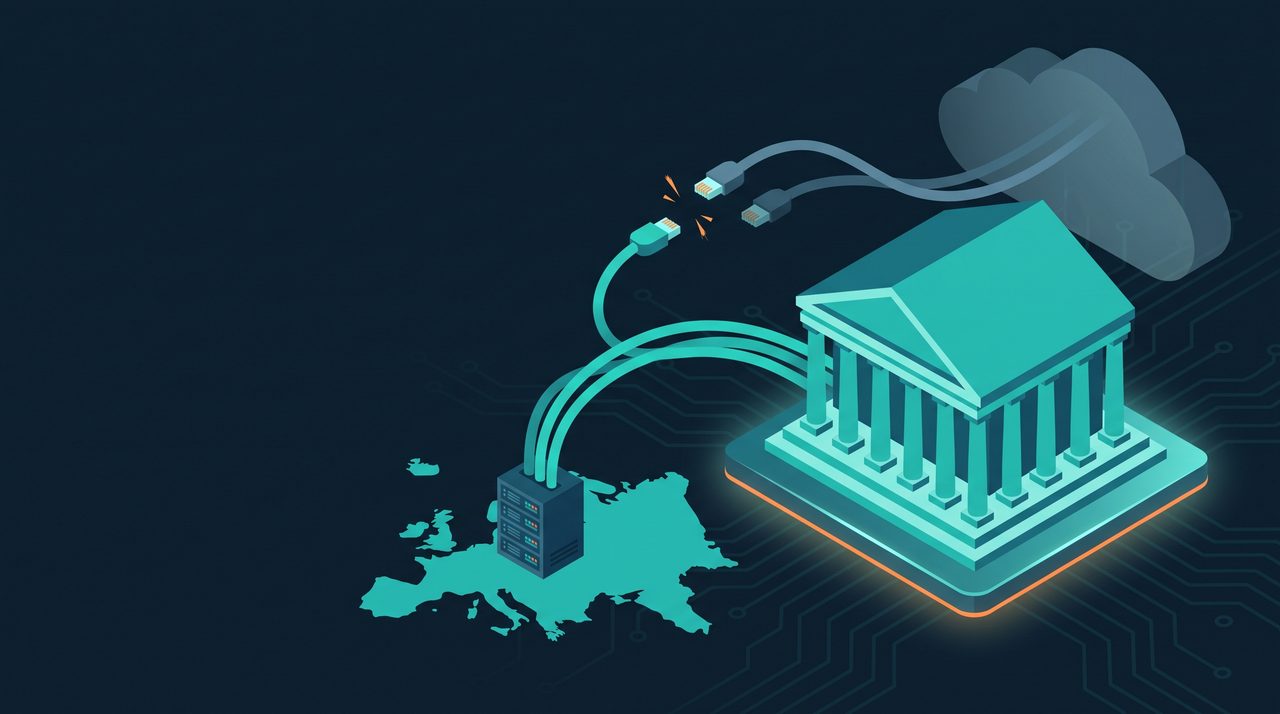 Bâtiment institutionnel français stylisé relié par des câbles réseau à un centre de données européen, tandis que des liaisons vers un nuage extra-européen se détachent, illustration de la réduction des dépendances numériques de l'État