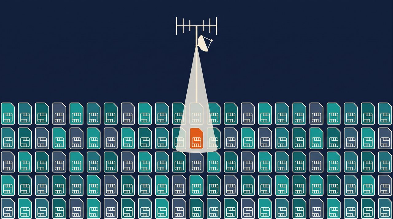 Grille dense de cartes SIM sous un faisceau émis par une antenne, qui isole une seule carte en orange, illustration d'une plateforme d'interception à l'échelle d'un pays
