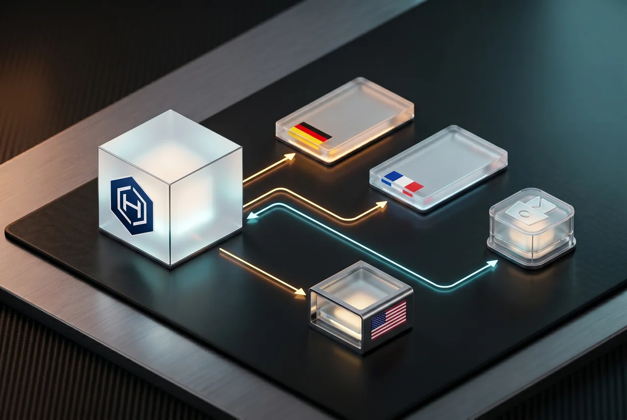 Schéma d'architecture du site Taxi Ghis avec quatre briques techniques connectées : Next.js sur serveur OVH France, OpenRouteService en Allemagne, Base Adresse Nationale en France, Postmark aux États-Unis, et une boîte mail Outlook qui sert de base de données