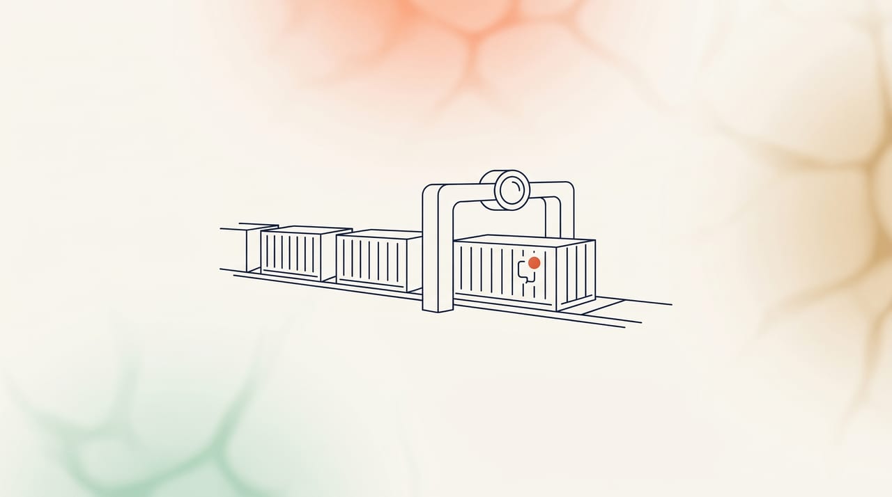 Dessin au trait fin : une file de conteneurs passe sous une arche de contrôle et l'un d'eux porte une marque, illustration de la veille hebdomadaire des vulnérabilités sur les images en production