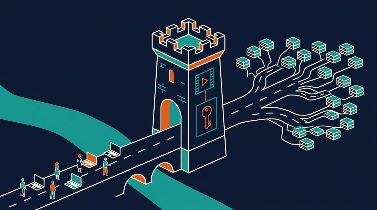 Tour fortifiée à l'entrée d'un pont : plusieurs personnes avec leurs ordinateurs approchent d'un côté, la route se ramifie vers des dizaines de serveurs de l'autre