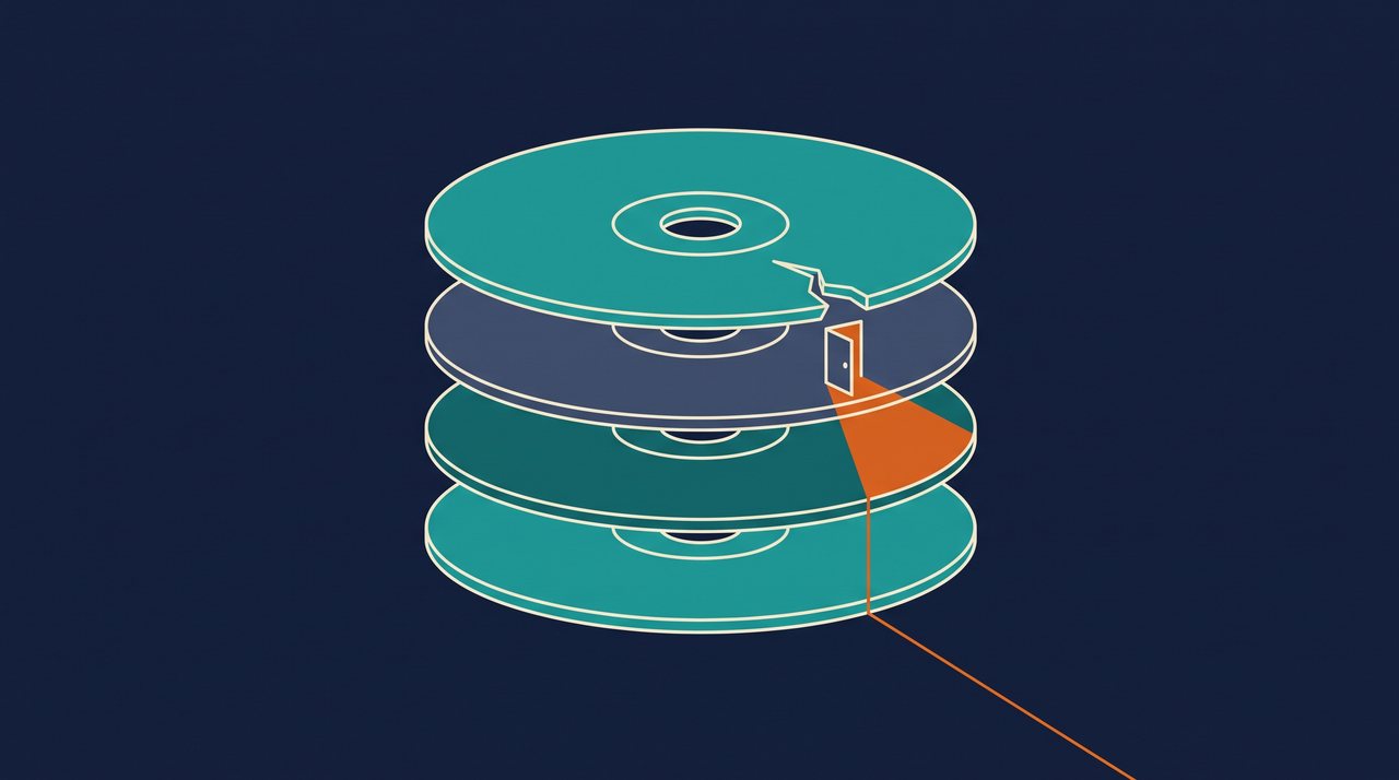 Pile de disques de sauvegarde dont l'un s'entrouvre sur une petite porte dérobée d'où s'échappe un filet orange, illustration de sauvegardes piégées qui réinfectent à la restauration