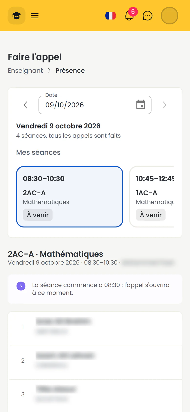 Écran de téléphone de Madaris, espace enseignant : faire l'appel, date du jour, séances de l'enseignant et liste des élèves de la séance