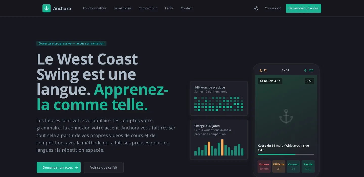 Page d'accueil d'Anchora : « Le West Coast Swing est une langue. Apprenez-la comme telle. »
