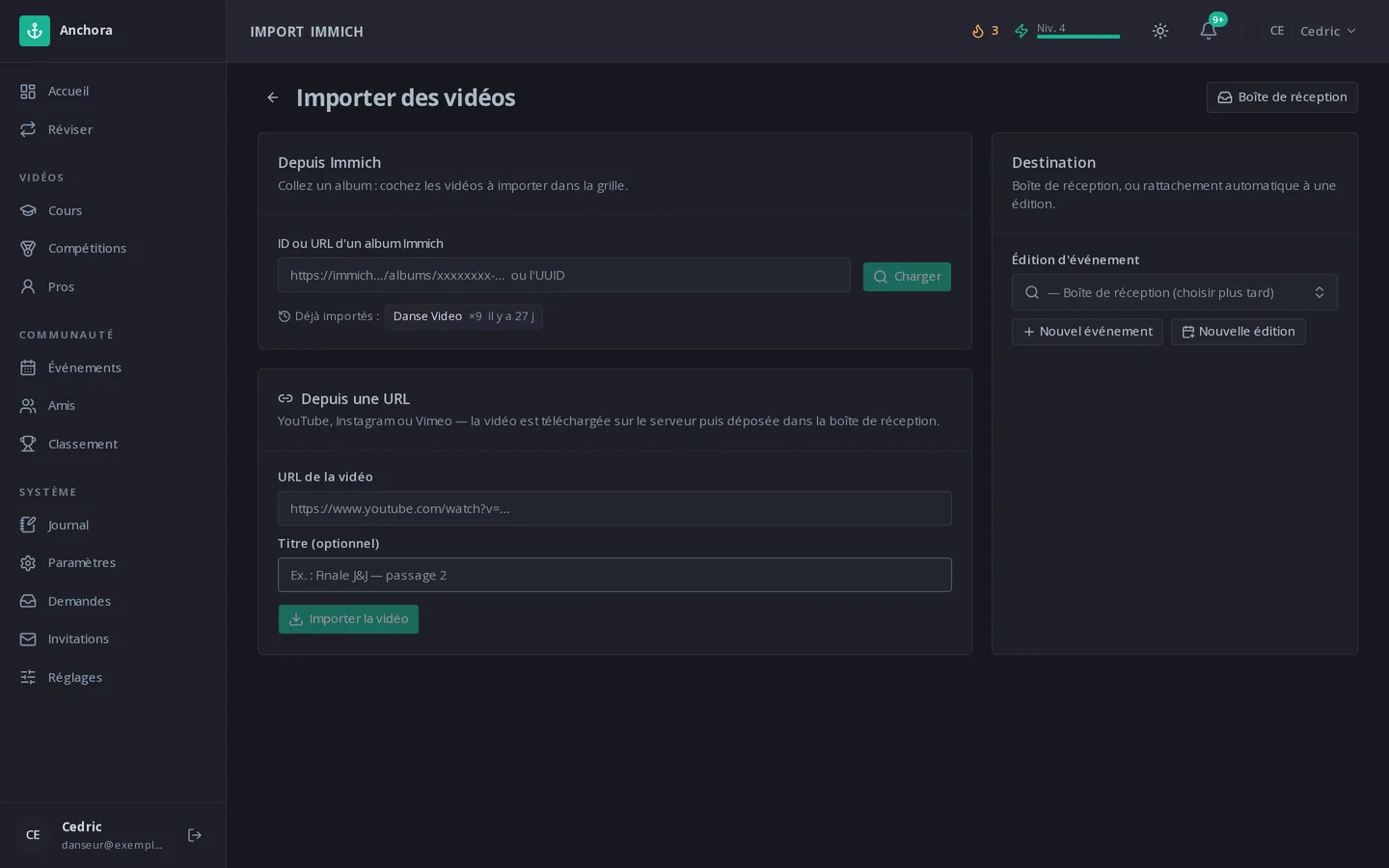 Écran d'import de vidéos : upload direct, lien YouTube ou Vimeo, album Immich