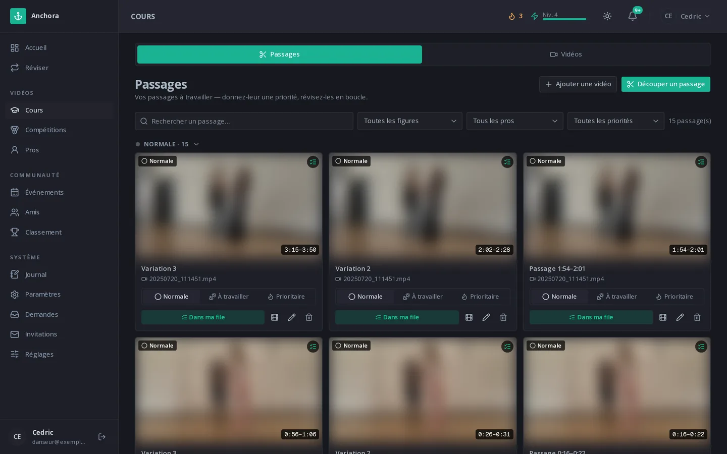 Grille des passages découpés, avec durée, figure, priorité et mise en file de révision