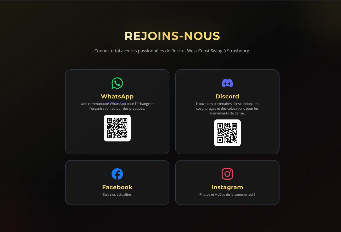 Stras'N Swing, section « Rejoins-nous » avec QR codes WhatsApp et Discord