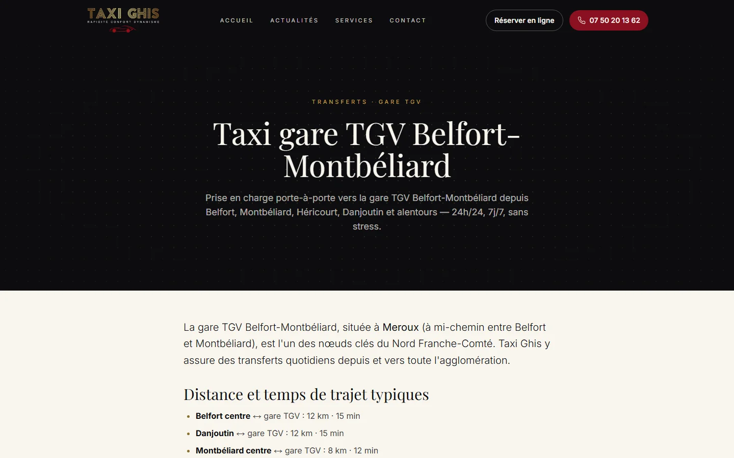 Page de la prestation gare TGV Belfort-Montbéliard sur le site de TaxiGhis