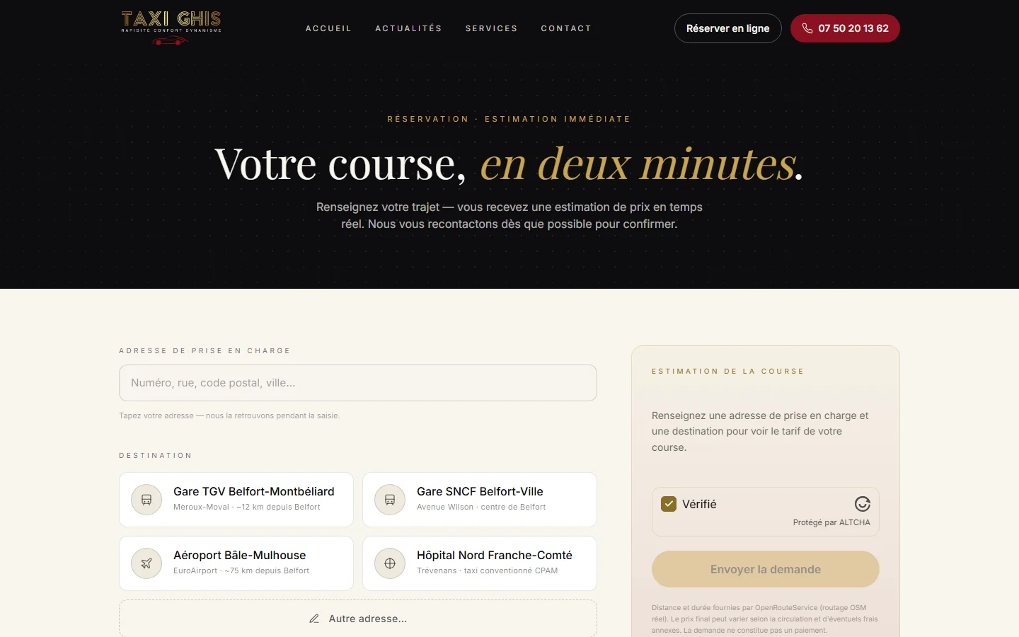 Formulaire de réservation de TaxiGhis : adresse de prise en charge, destinations proposées et estimation de la course