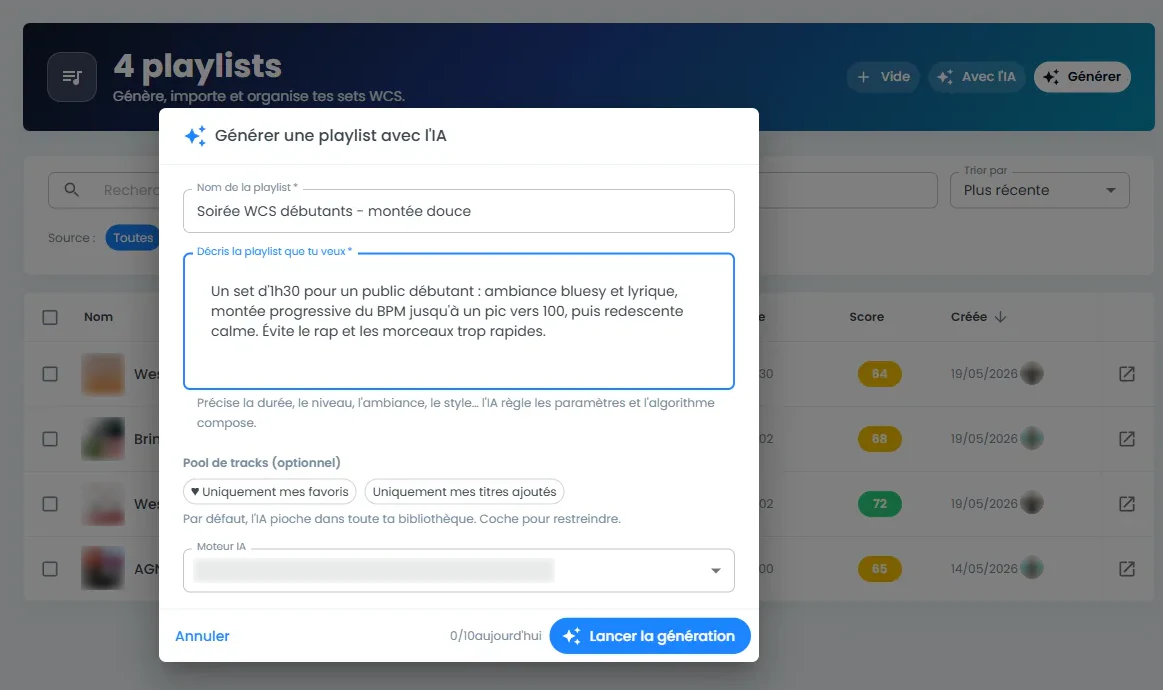 Fenêtre de génération de playlist de WCSAssist : nom du set, description de la soirée en français, choix des morceaux, quota du jour